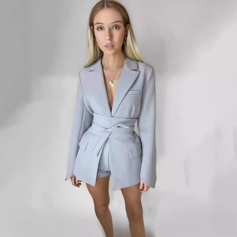 2024 Spring Summer Solid Color Pocket Belt New Fashion Casual Women's Suits Blazer Jacket Pants Trousers Set