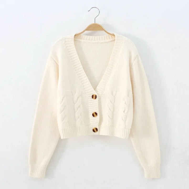 V Neck Cropped Cardigan Women Long Sleeve Twist Knitted Sweater