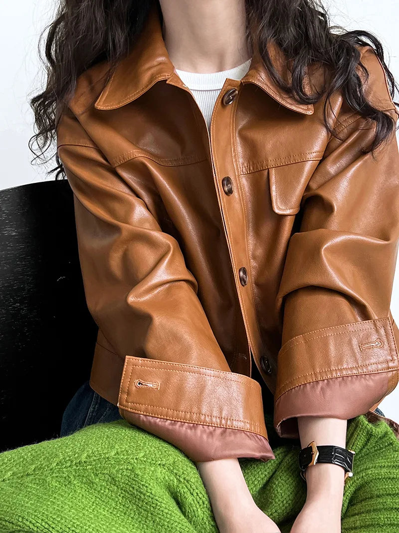 Vintage-Inspired Brown Faux Leather Button-Up Jacket