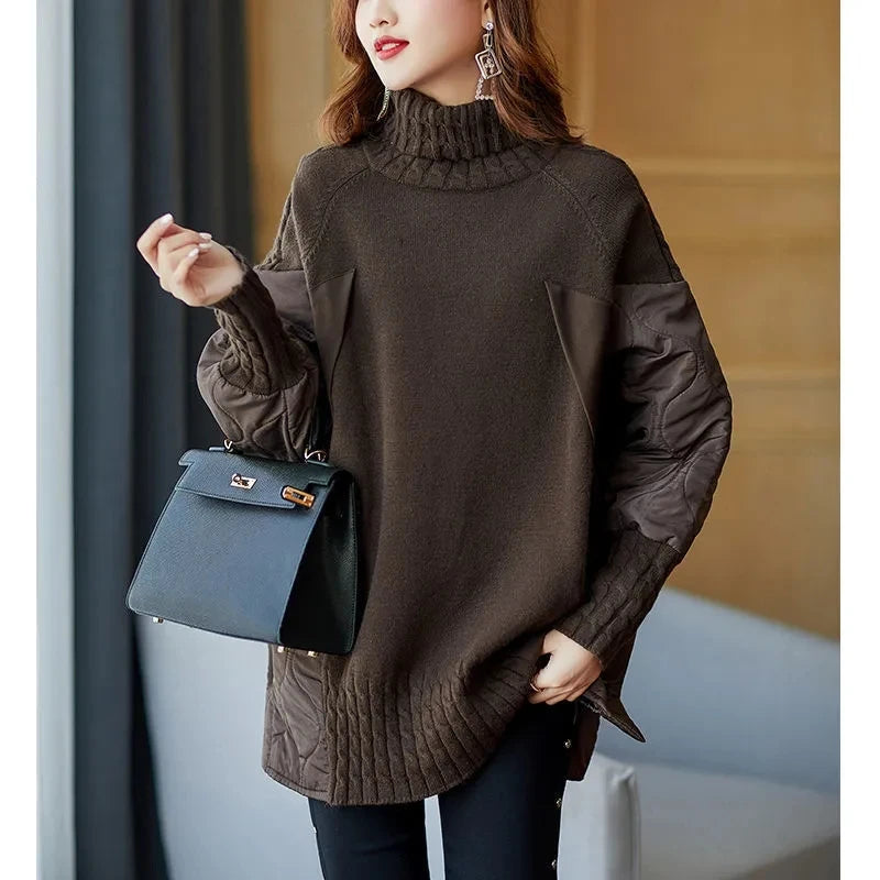 European Station turtleneck Sweater Women's Autumn/Winter Jacket 2023 New Thicke Loose Outerwear Spliced Cotton Tops Female Coat