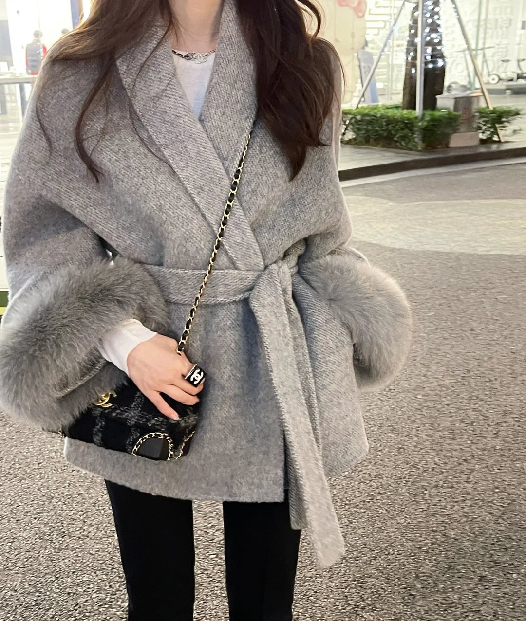 Double-Sided Wool & Fox Fur Coat with Removable Cuffs