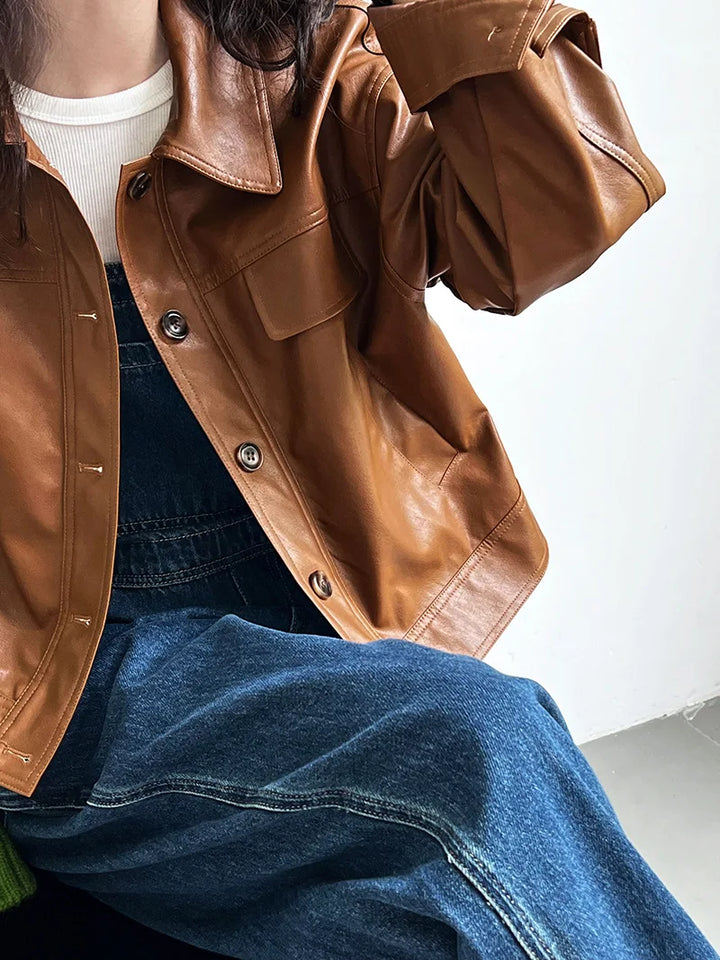 Vintage-Inspired Brown Faux Leather Button-Up Jacket