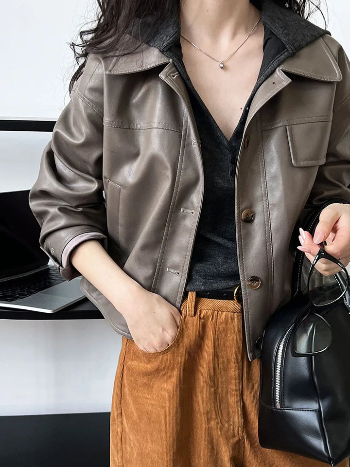 Vintage-Inspired Brown Faux Leather Button-Up Jacket