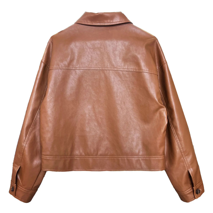 Vintage-Inspired Brown Faux Leather Button-Up Jacket