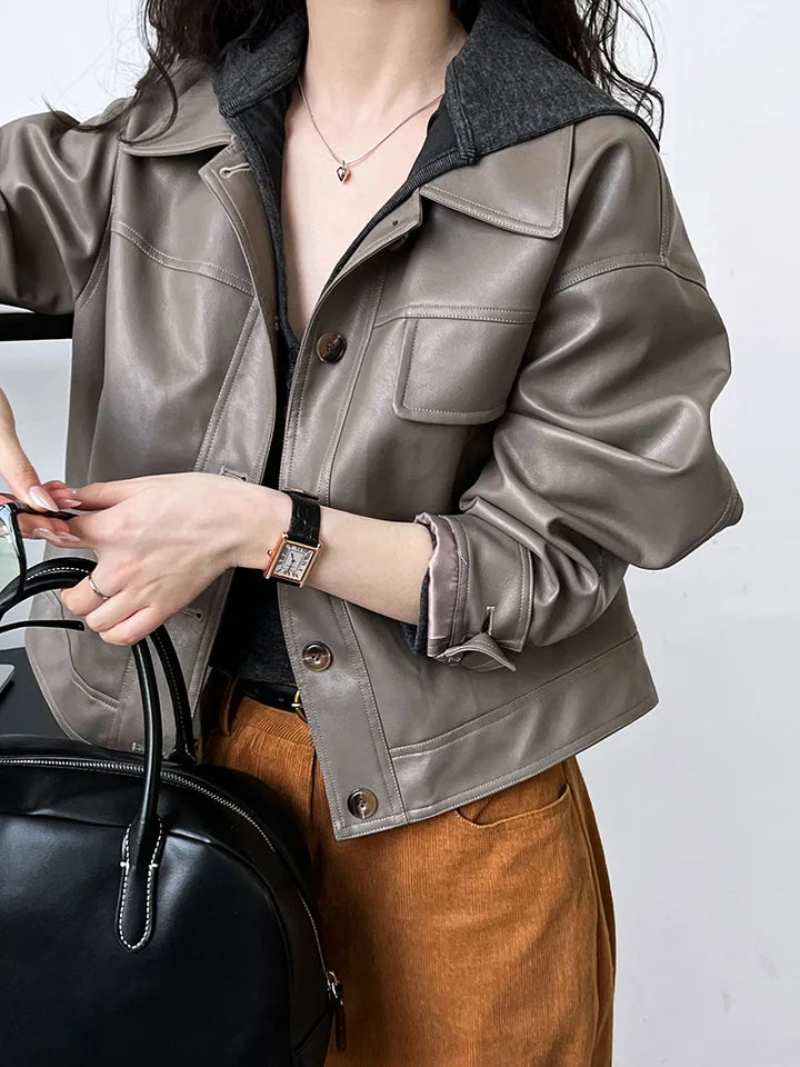 Vintage-Inspired Brown Faux Leather Button-Up Jacket