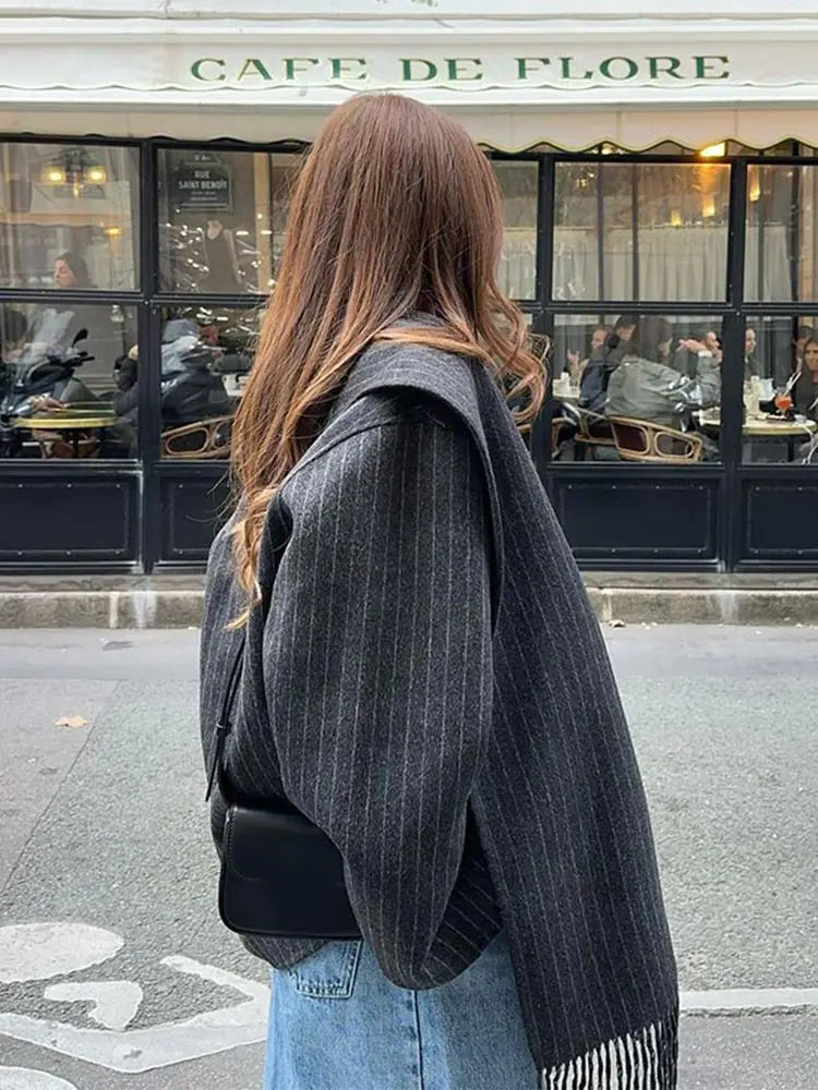 Causal Fashion Striped Scarf Collar Short Jacket Women Wool Blend Single Breasted Crop Coat 2024 New Autumn Street Warm Outwear