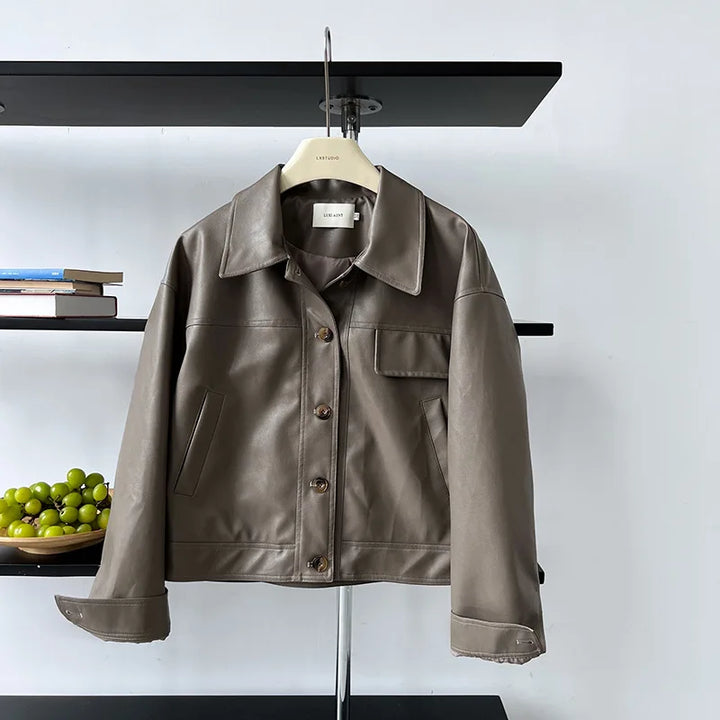 Vintage-Inspired Brown Faux Leather Button-Up Jacket