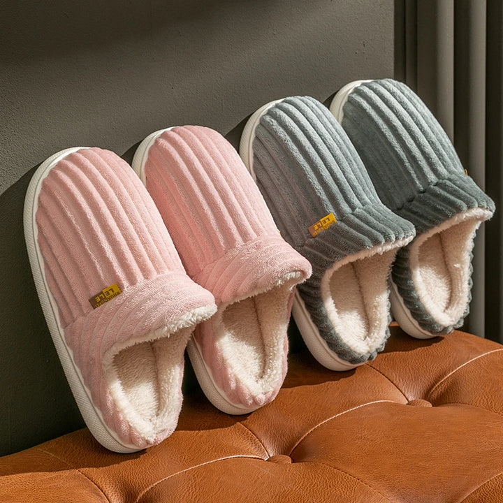 Winter Unisex Concise Solid Color Flat Plush Slippers Non-slip Warm Fluffy Mule Slides For Women Men Home Casual Cotton Shoes