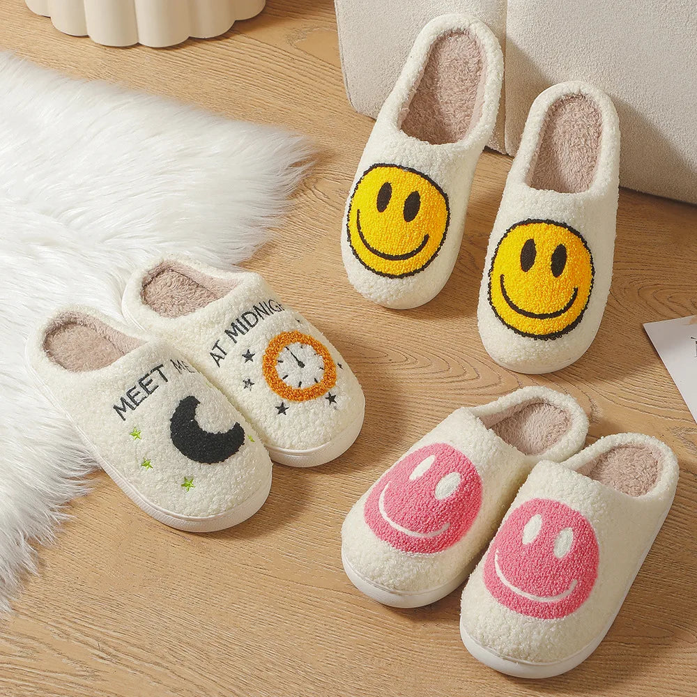 Cotton slippers female autumn and winter couple home indoor plush slippers non-slip warm clock smiley cotton slippers male