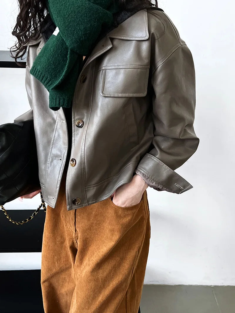 Vintage-Inspired Brown Faux Leather Button-Up Jacket