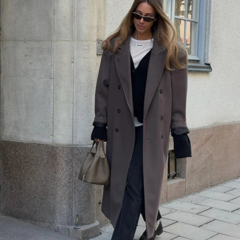 Solid Long Double-Breasted Woolen Overcoat