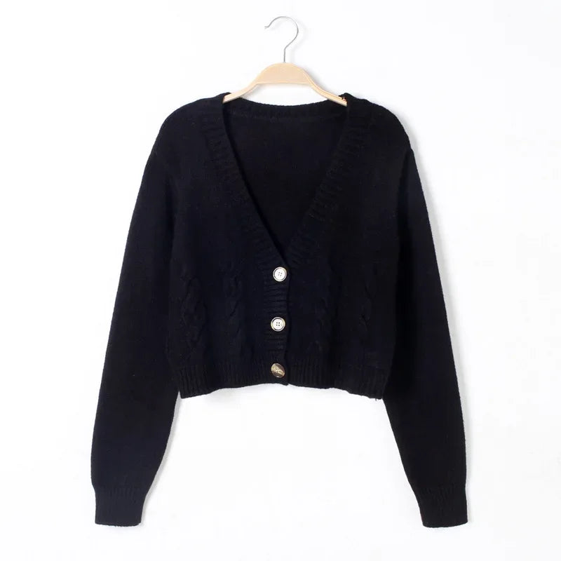 V Neck Cropped Cardigan Women Long Sleeve Twist Knitted Sweater