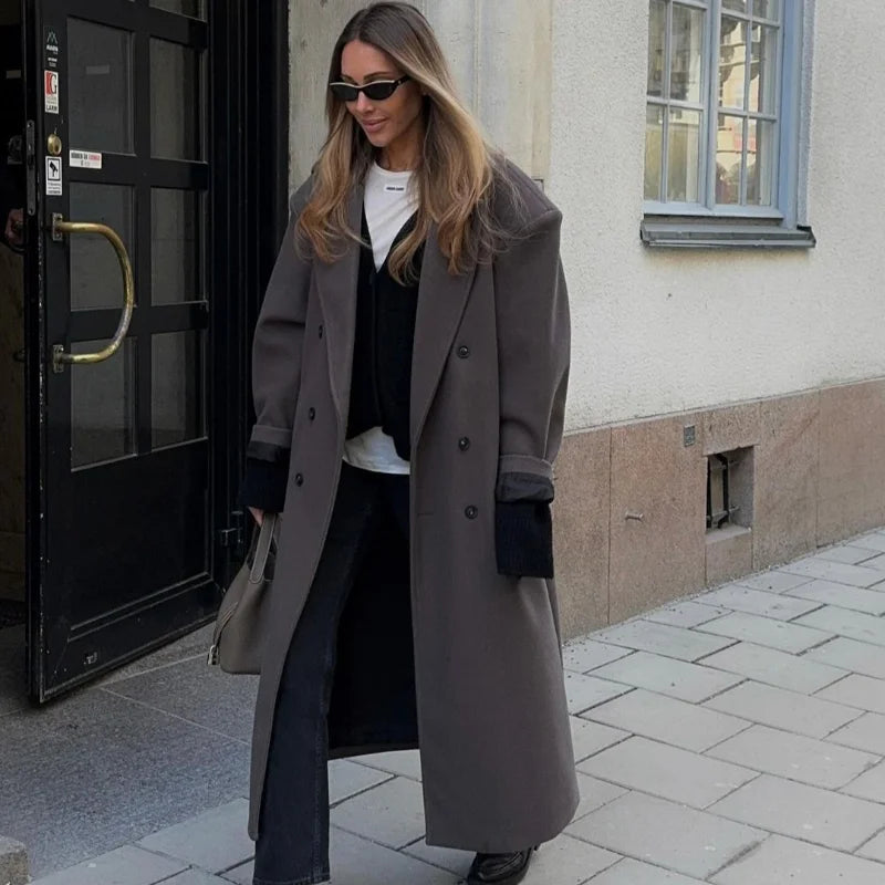 Solid Long Double-Breasted Woolen Overcoat