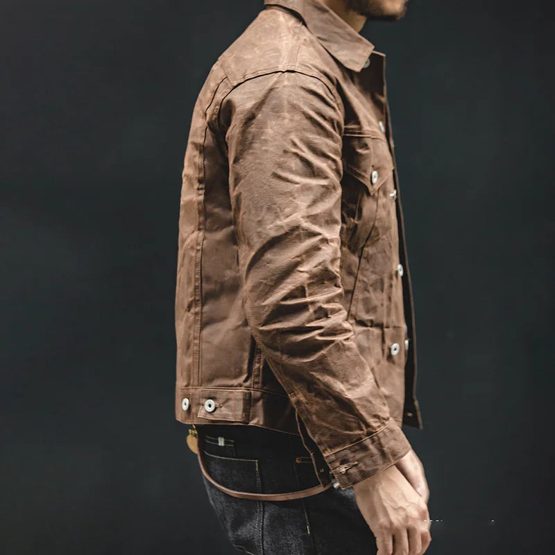 Men’s Brown Vintage Waterproof Waxed Jacket with Stand Collar