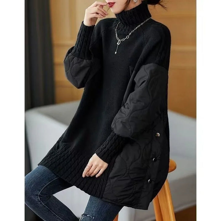 European Station turtleneck Sweater Women's Autumn/Winter Jacket 2023 New Thicke Loose Outerwear Spliced Cotton Tops Female Coat