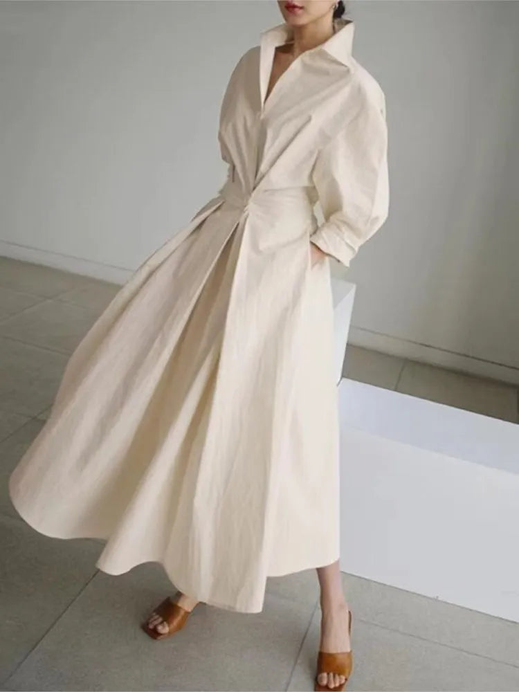 Spring Dress Long Sleeve Solid Color Cotton Linen Elegant Maxi Dresses For Women 2024 Casual V Neck Shirt Party Long Dress Robe