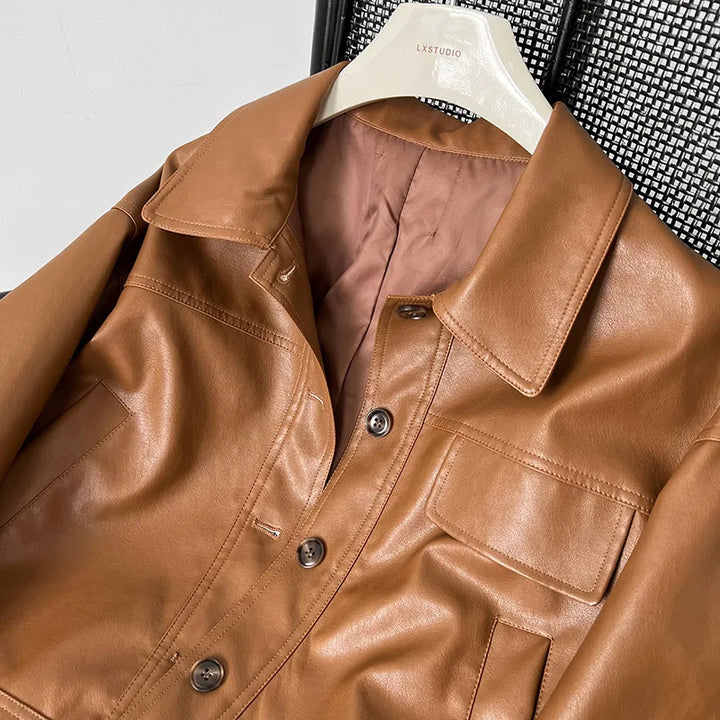 Vintage-Inspired Brown Faux Leather Button-Up Jacket