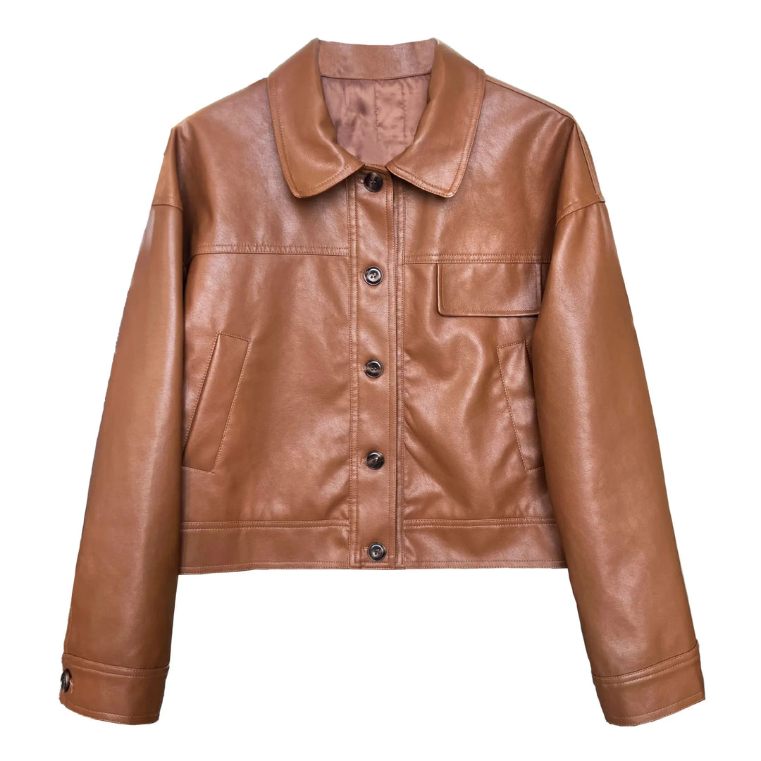 Vintage-Inspired Brown Faux Leather Button-Up Jacket