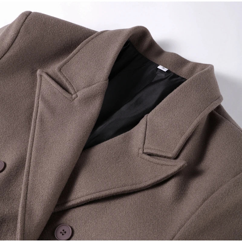 Solid Long Double-Breasted Woolen Overcoat