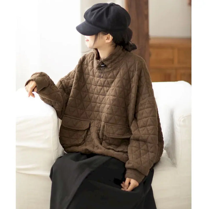 Autumn Winter Trendy Pullovers Women Loose Oversized Pullover Coat Fashion Diamond Grid Drawstring Tops Thicken Stand-up Collar