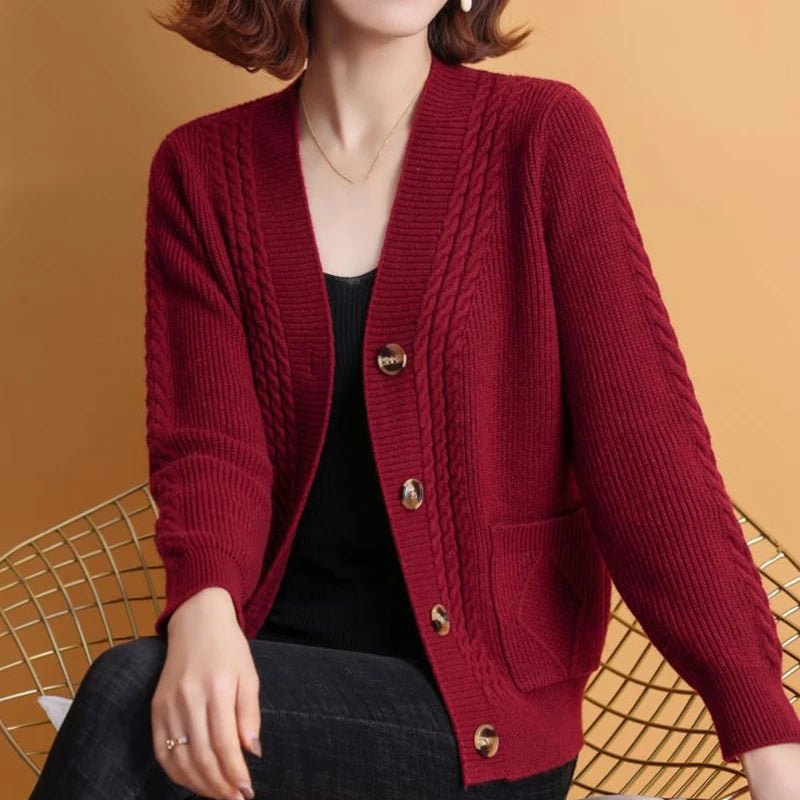 Autumn Winter V Neck Knitted Cardigan Women Simple Long Sleeve Twist Sweaters Woman All Match Single Breasted Cardigans Laides