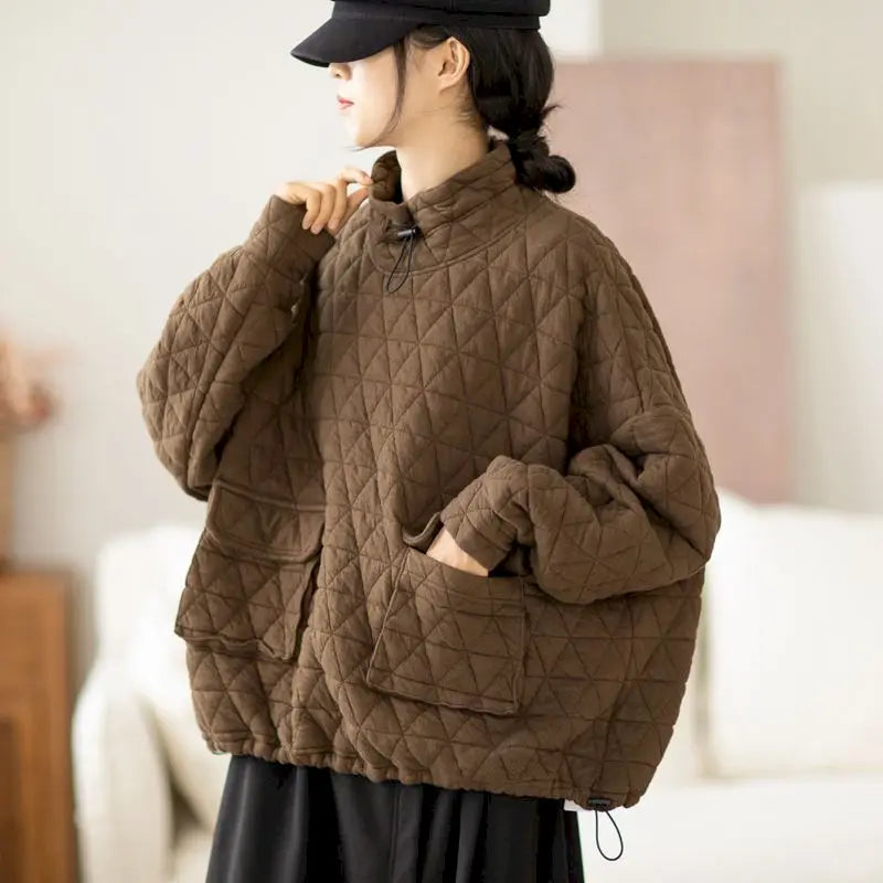 Autumn Winter Trendy Pullovers Women Loose Oversized Pullover Coat Fashion Diamond Grid Drawstring Tops Thicken Stand-up Collar