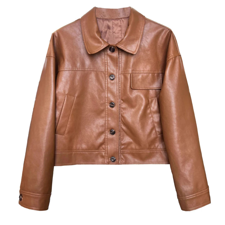 Vintage-Inspired Brown Faux Leather Button-Up Jacket