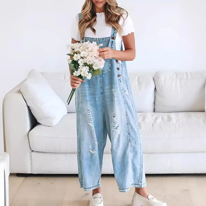 Loose Fit Distressed Denim Overalls