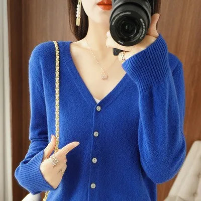 2024 Women Cardigans Long Sleeve Knitted Outerwear Solid Thin Spring Autumn Sweaters V-neck Knitwears Korean Fashion Cardigans