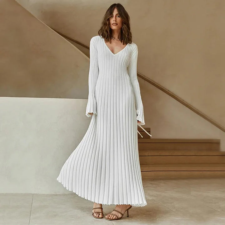 Women’s Elegant Pleated V-Neck Maxi Dress with Belt