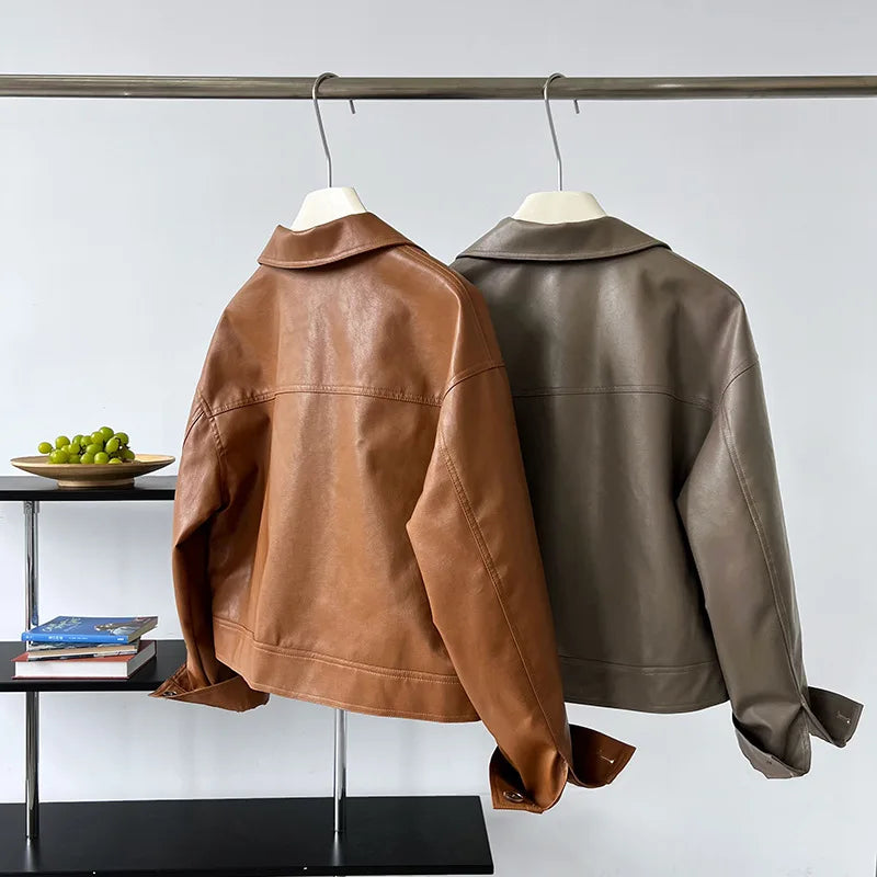 Vintage-Inspired Brown Faux Leather Button-Up Jacket