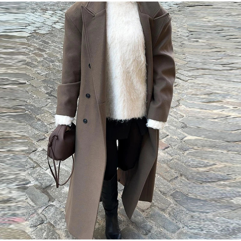 Solid Long Double-Breasted Woolen Overcoat